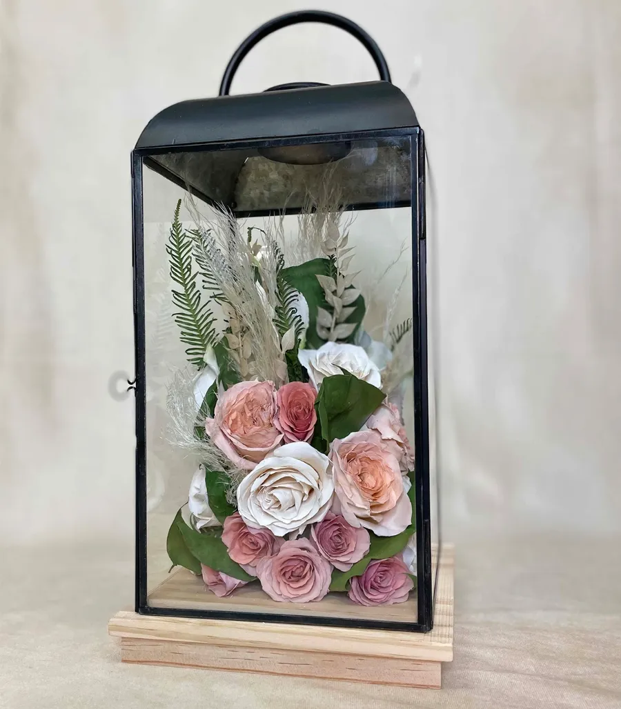 lantern with preserved flowers