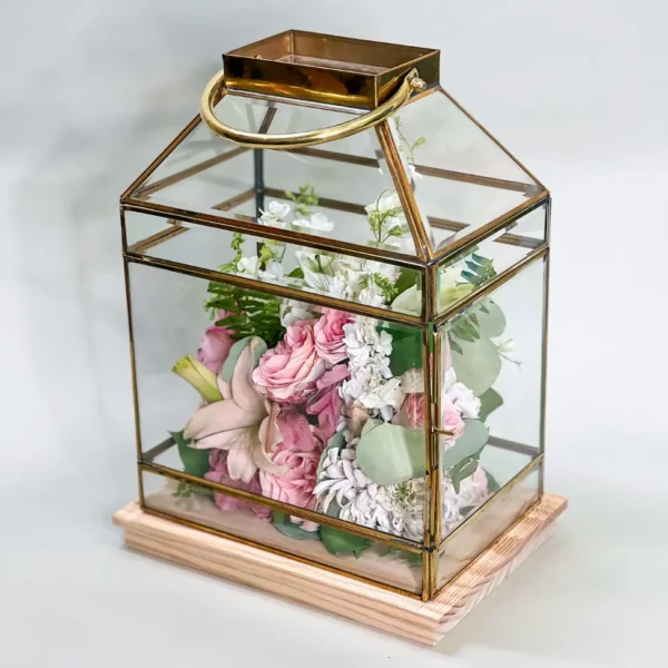 Tabletop Full-Flowered Garden Design within Beveled Brass Lantern | 11x7x18 - Image 11