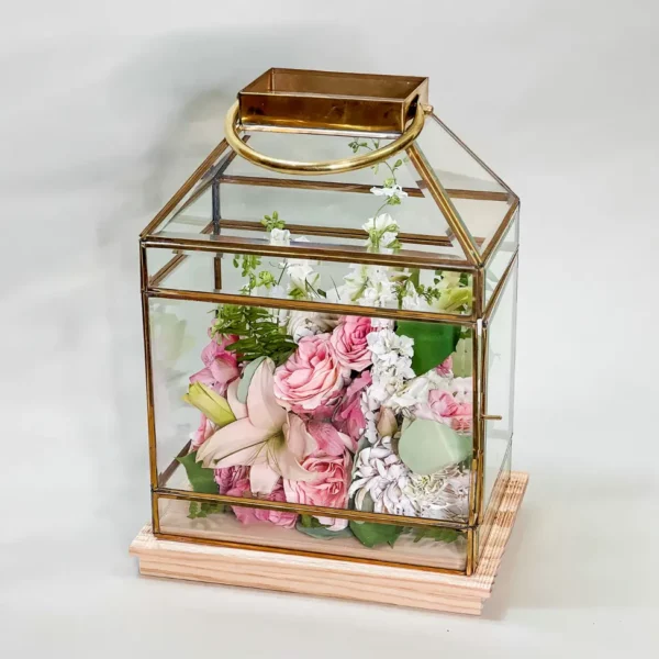Tabletop Full-Flowered Garden Design within Beveled Brass Lantern | 11x7x18 - Image 12