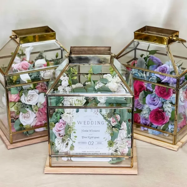 Tabletop Full-Flowered Garden Design within Beveled Brass Lantern | 11x7x18 - Image 2