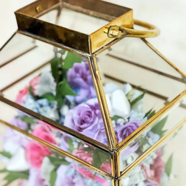 Tabletop Full-Flowered Garden Design within Beveled Brass Lantern | 11x7x18 - Image 3