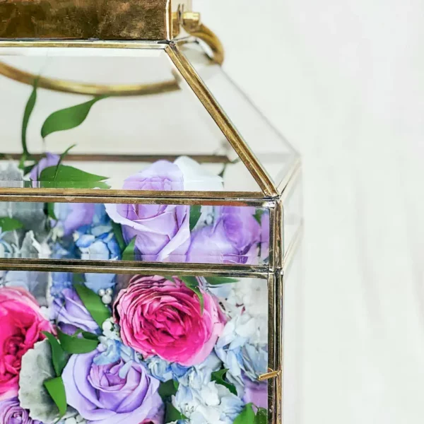 Tabletop Full-Flowered Garden Design within Beveled Brass Lantern | 11x7x18 - Image 4
