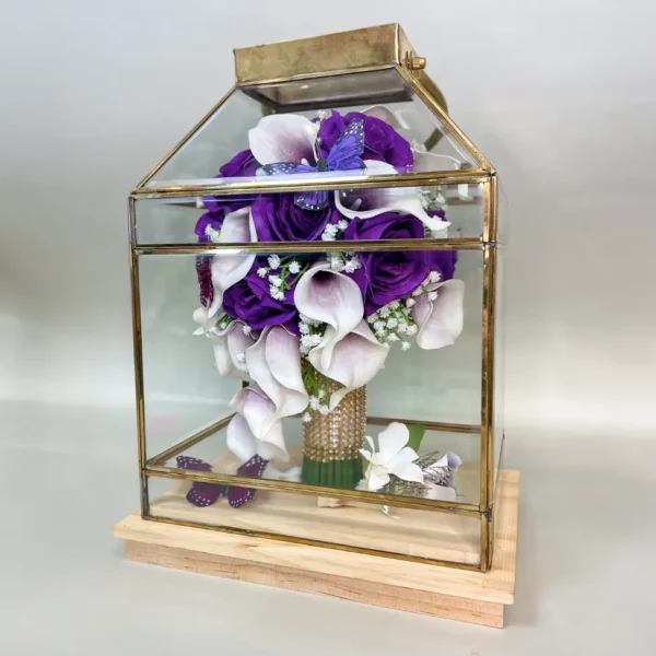Tabletop Nosegay Bouquet within Beveled Brass Lantern | 11x7x18