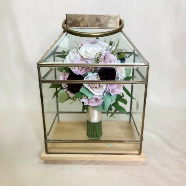 Tabletop Nosegay Bouquet within Beveled Brass Lantern | 11x7x18 - Image 2