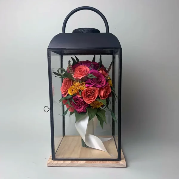 Tabletop Hand-Tied Bouquet Design in Soho Lantern | 8x8x18