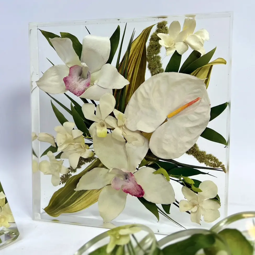 Resin tablet with preserved white orchids and tropical greens