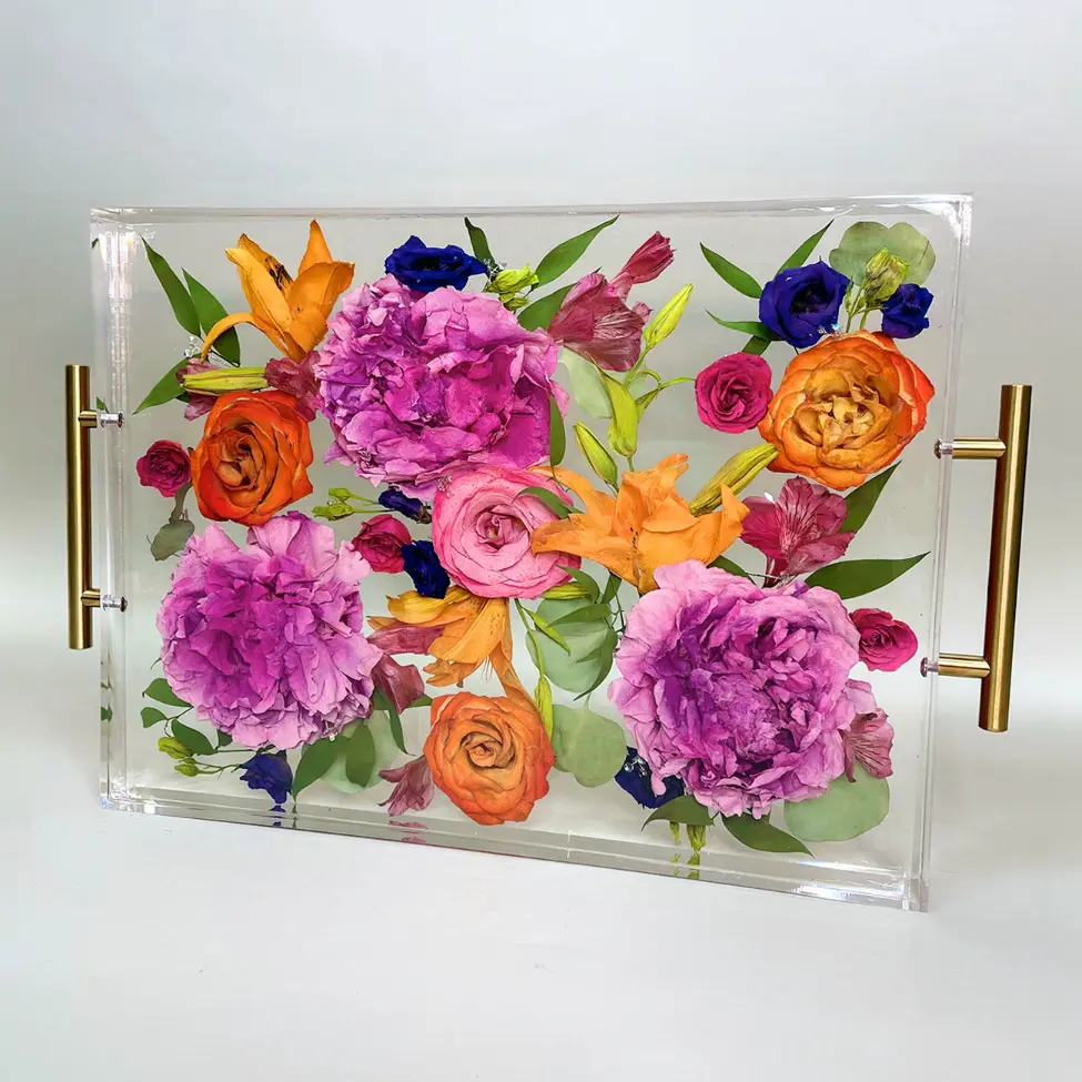 Resin tray with bold pink peonies, orange roses, and gold handles